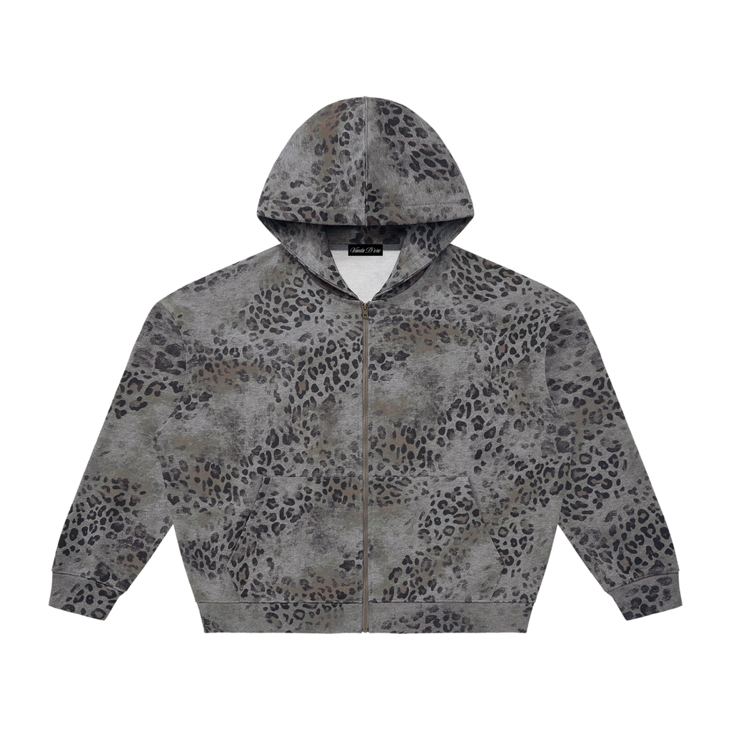 Unisex Vintage Wash Leopard Full Zip Hoodie